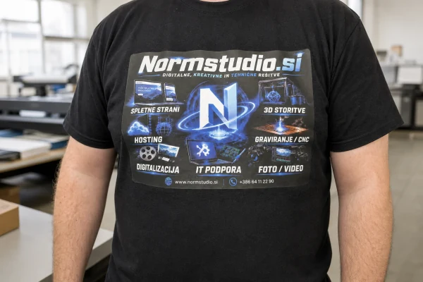 Izdelana črna majica z velikim barvnim motivom podjetja, na osebi v delavnici.